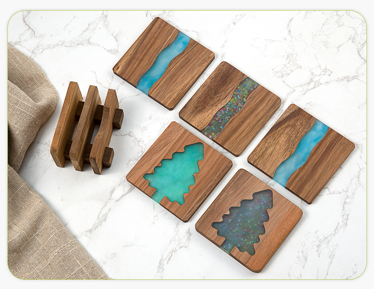 Acacia Wood Epoxy Resin Coaster – Custom Style B, Waterproof Heat-Resistant Square Drink Mat